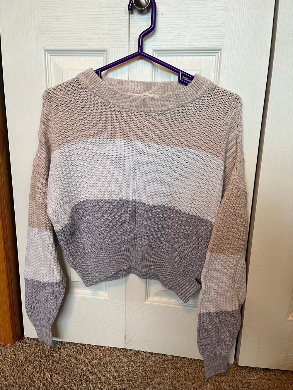 Aeropostale Striped Crewneck Sweater in Taupe, White & Gray